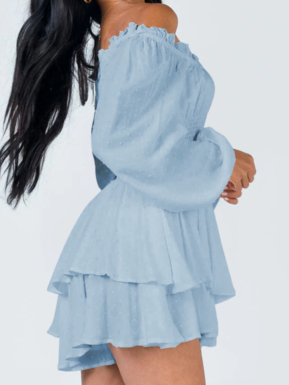 Off Shoulder Smocked Waist Mini Dress BLUE ZONE PLANET