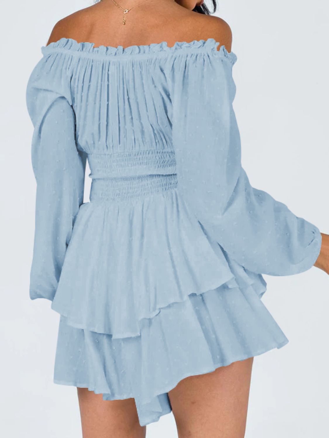 Off Shoulder Smocked Waist Mini Dress BLUE ZONE PLANET