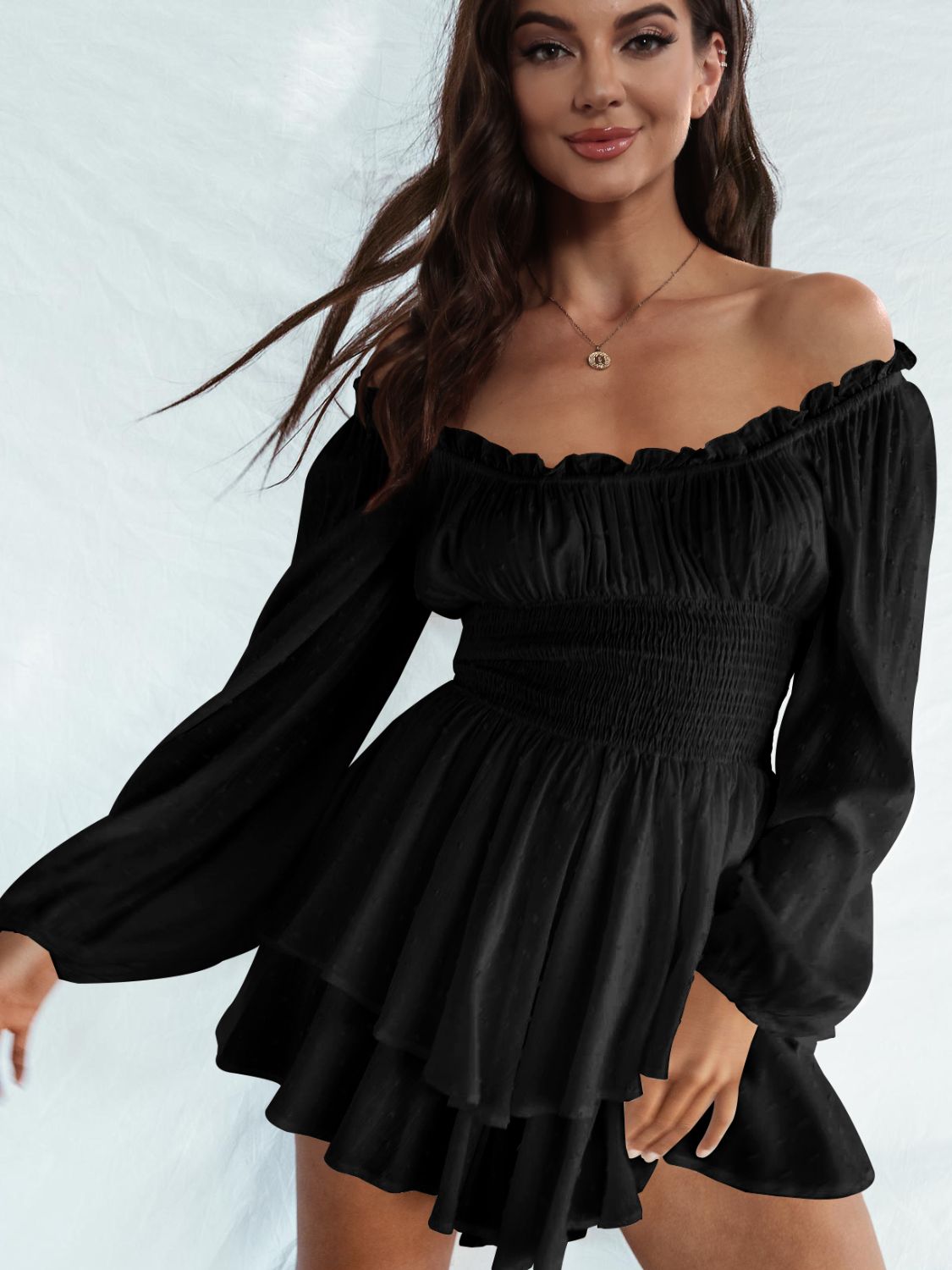 Off Shoulder Smocked Waist Mini Dress BLUE ZONE PLANET