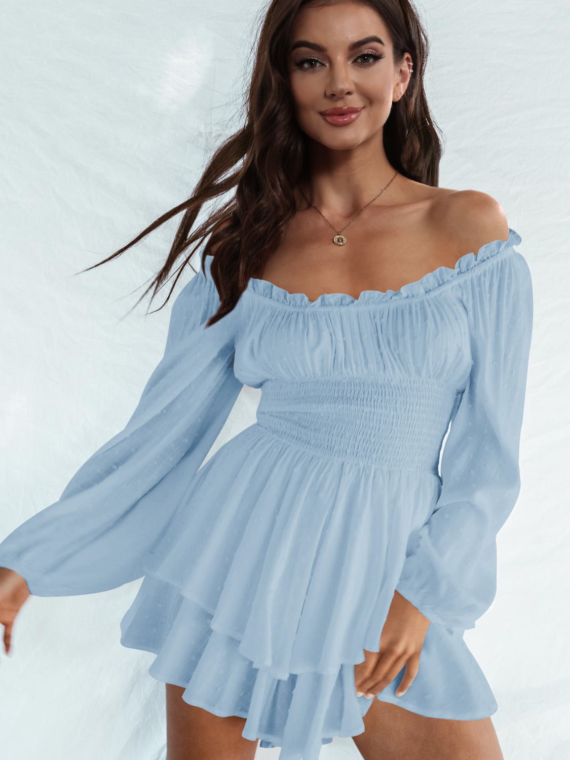 Off Shoulder Smocked Waist Mini Dress BLUE ZONE PLANET