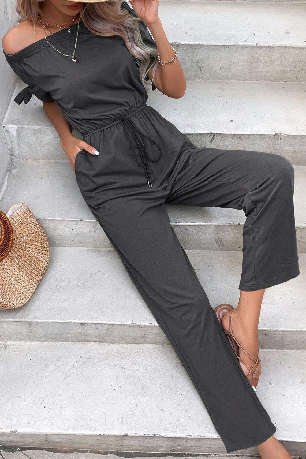 Off-Shoulder Tie Cuff Jumpsuit with Pockets BLUE ZONE PLANET