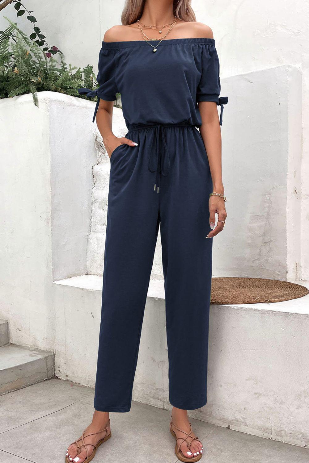 Off-Shoulder Tie Cuff Jumpsuit with Pockets BLUE ZONE PLANET