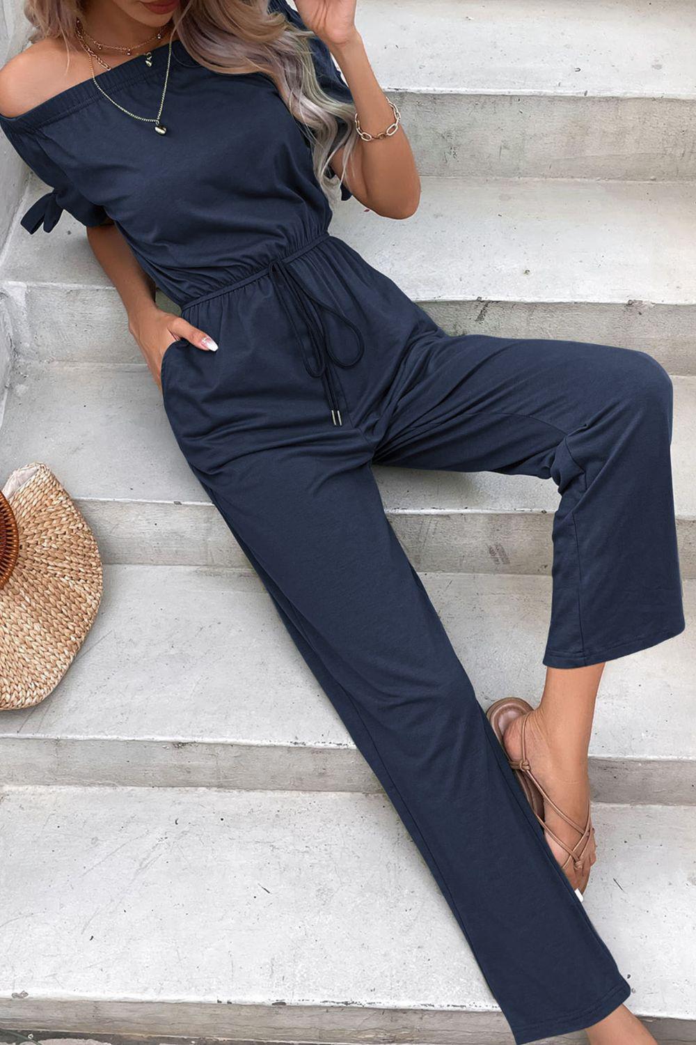 Off-Shoulder Tie Cuff Jumpsuit with Pockets BLUE ZONE PLANET