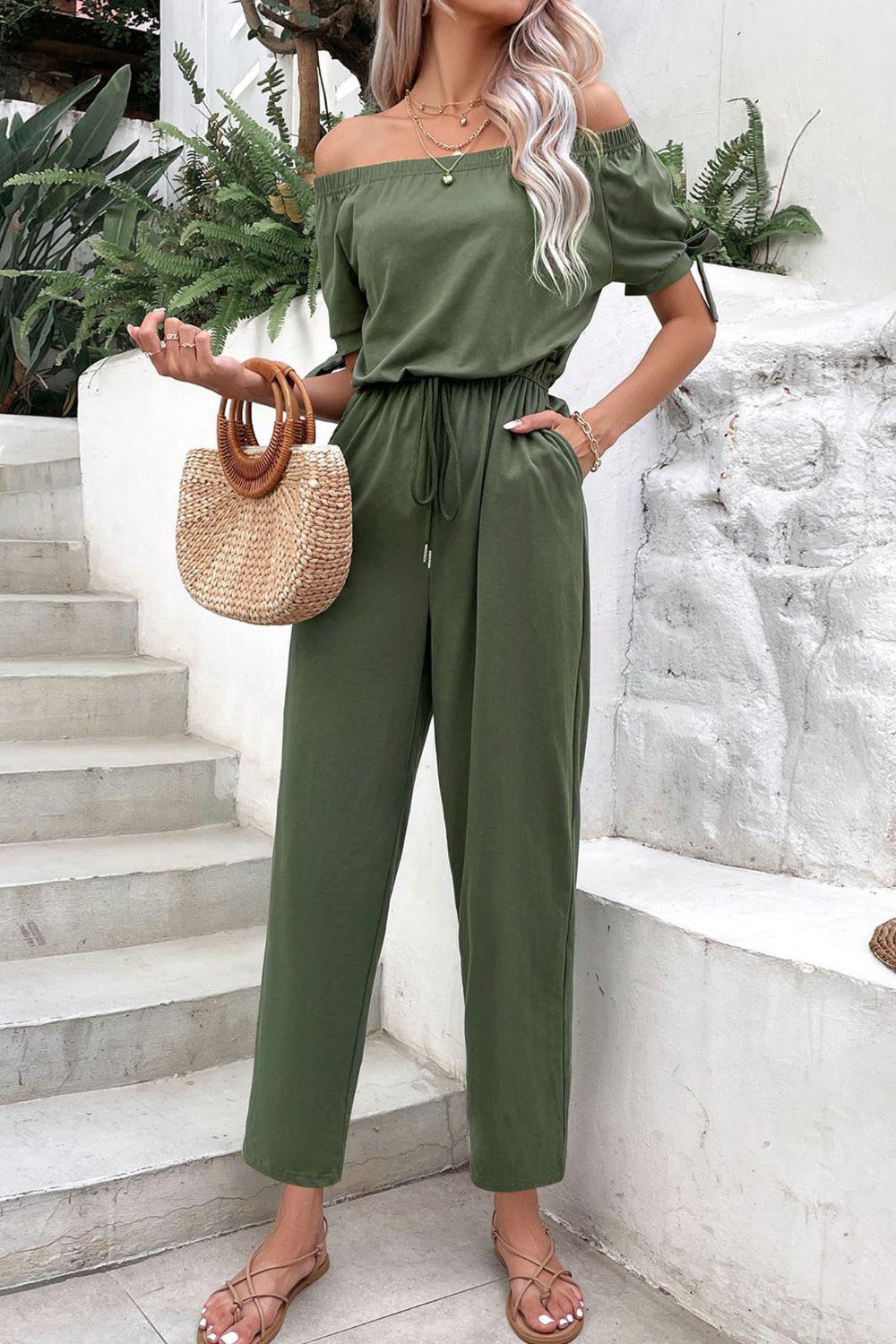 Off-Shoulder Tie Cuff Jumpsuit with Pockets BLUE ZONE PLANET