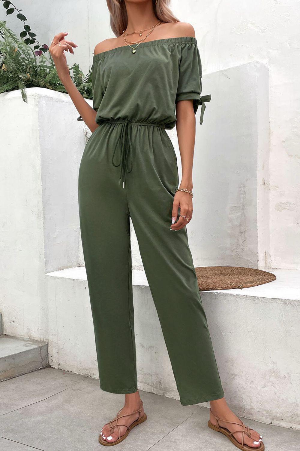 Off-Shoulder Tie Cuff Jumpsuit with Pockets BLUE ZONE PLANET