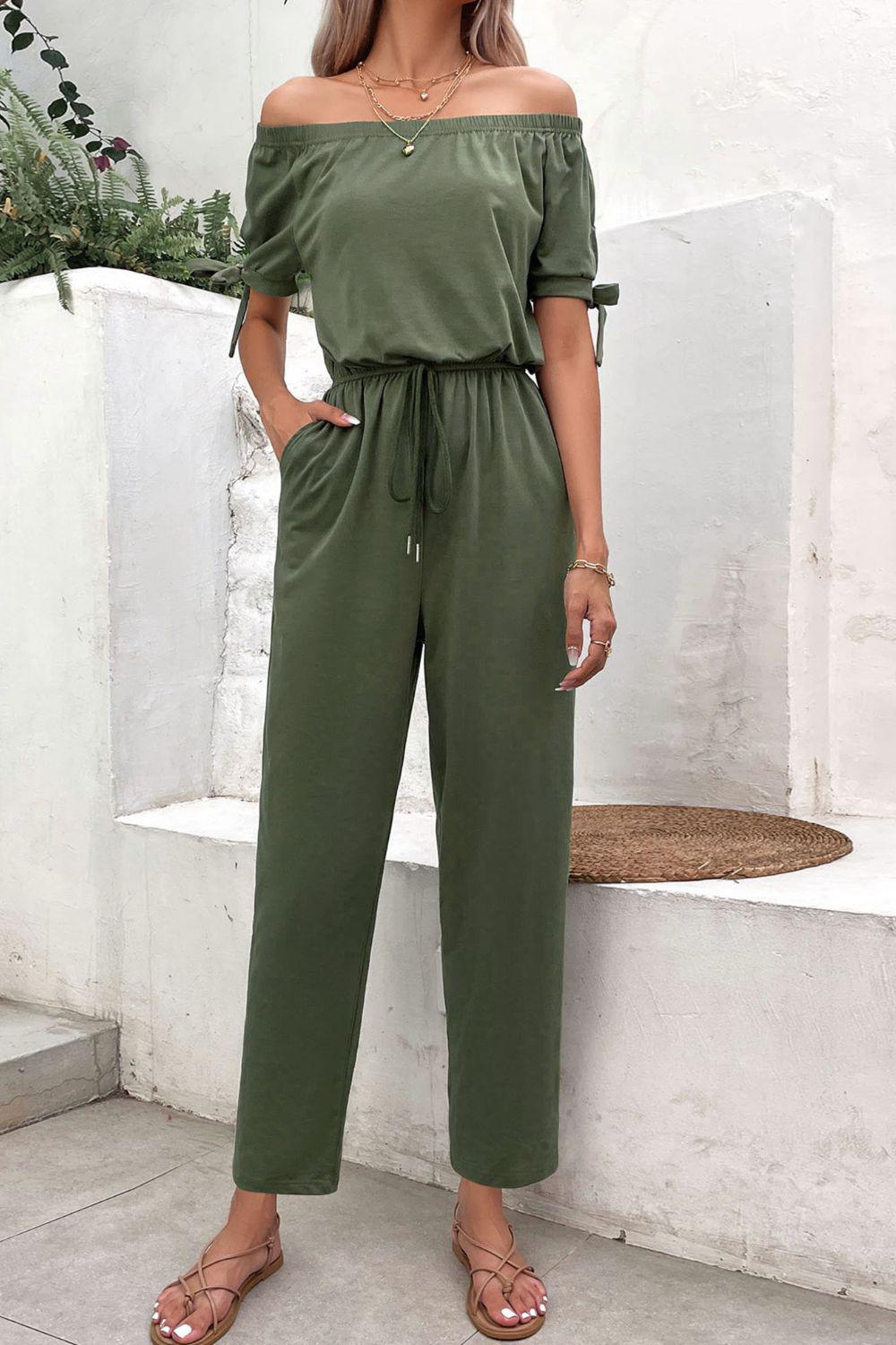Off-Shoulder Tie Cuff Jumpsuit with Pockets BLUE ZONE PLANET