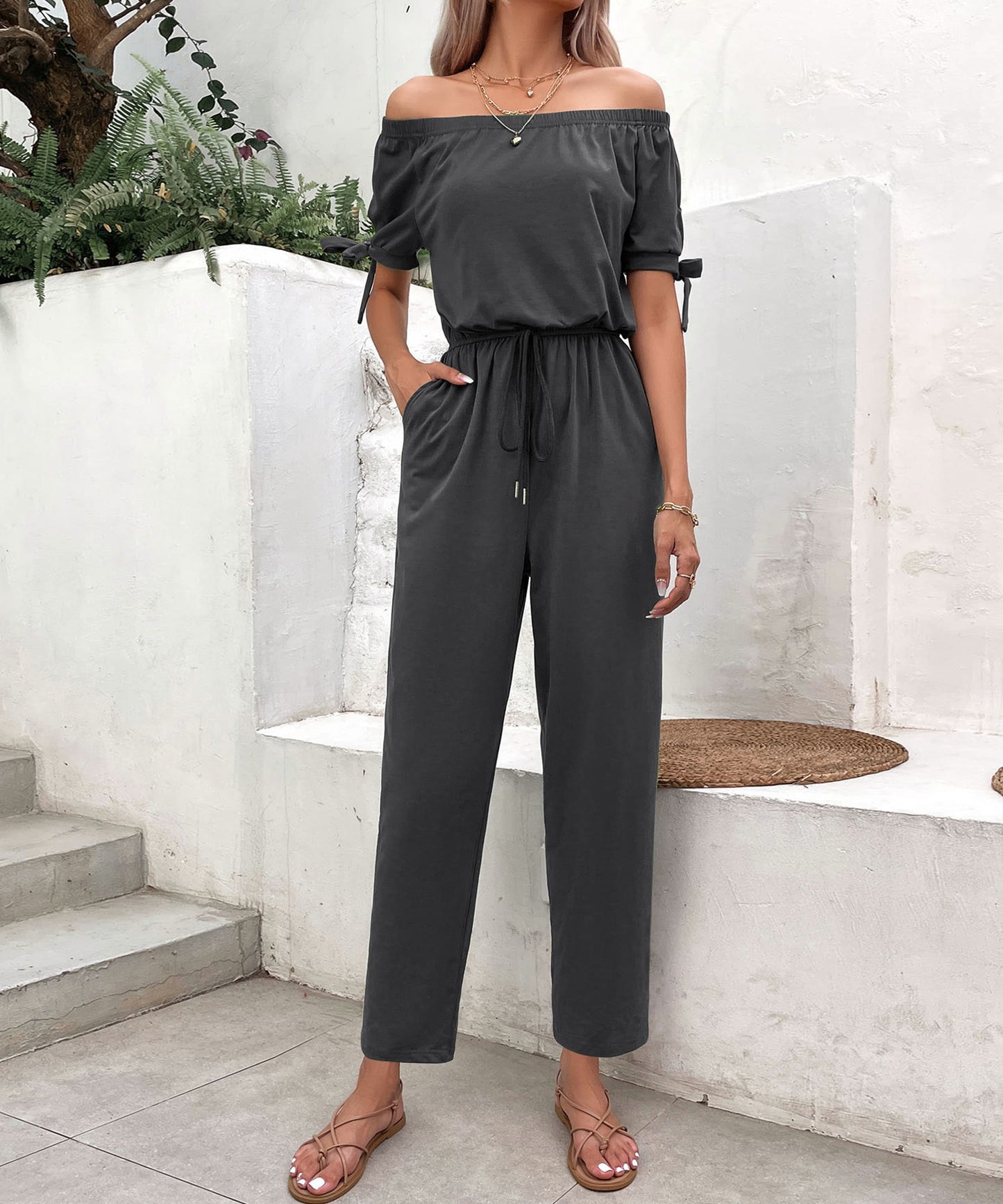 Off-Shoulder Tie Cuff Jumpsuit with Pockets BLUE ZONE PLANET