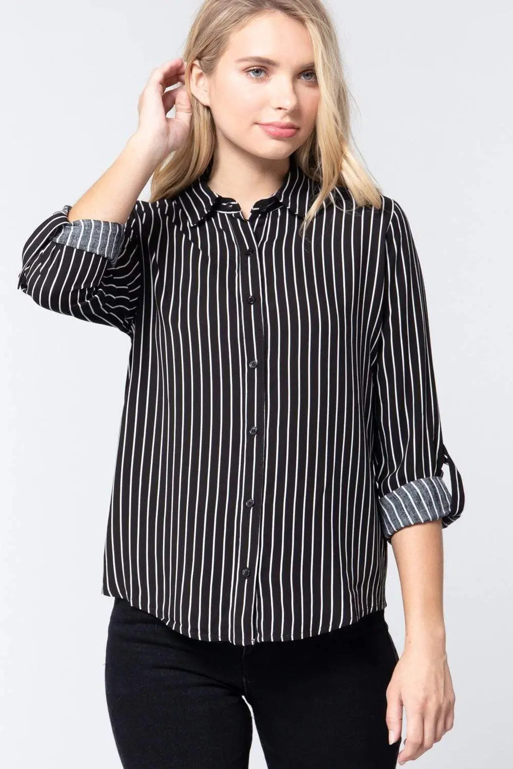 3/4 Roll Up Sleeve Stripe Print Shirt Black/Off White Blue Zone Planet