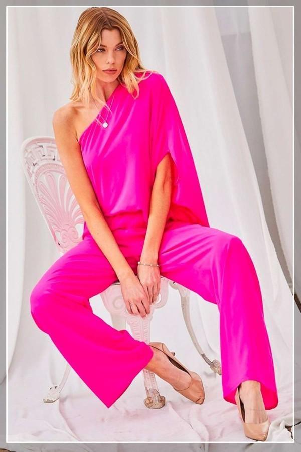 One Shoulder 3/4 Sleeve Unbalanced Waist Elastic Solid Pants Jumpsuit Blue Zone Planet