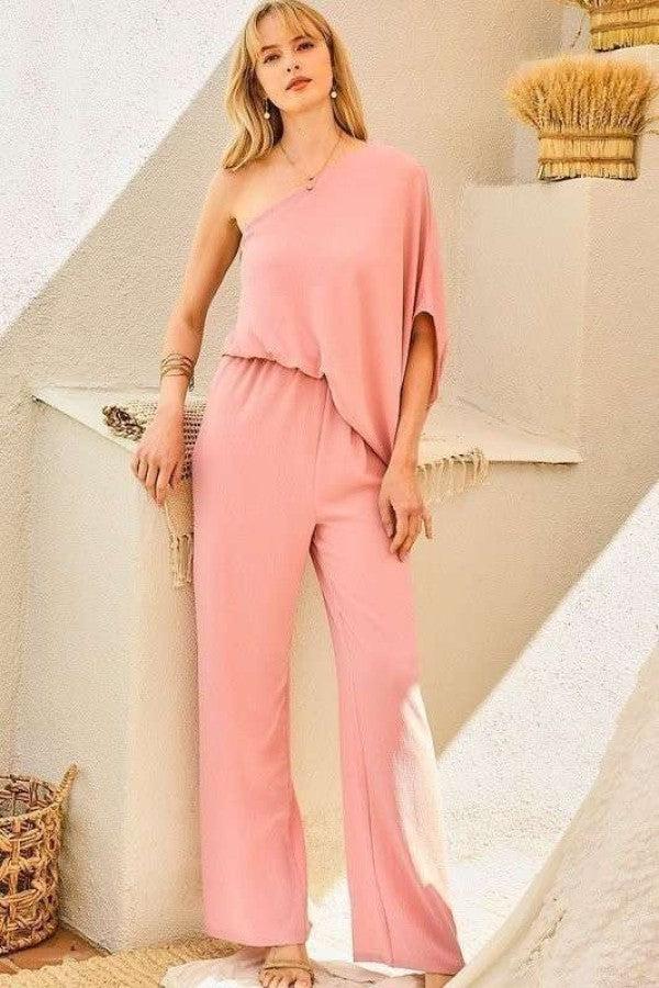 One Shoulder 3/4 Sleeve Unbalanced Waist Elastic Solid Pants Jumpsuit Blue Zone Planet