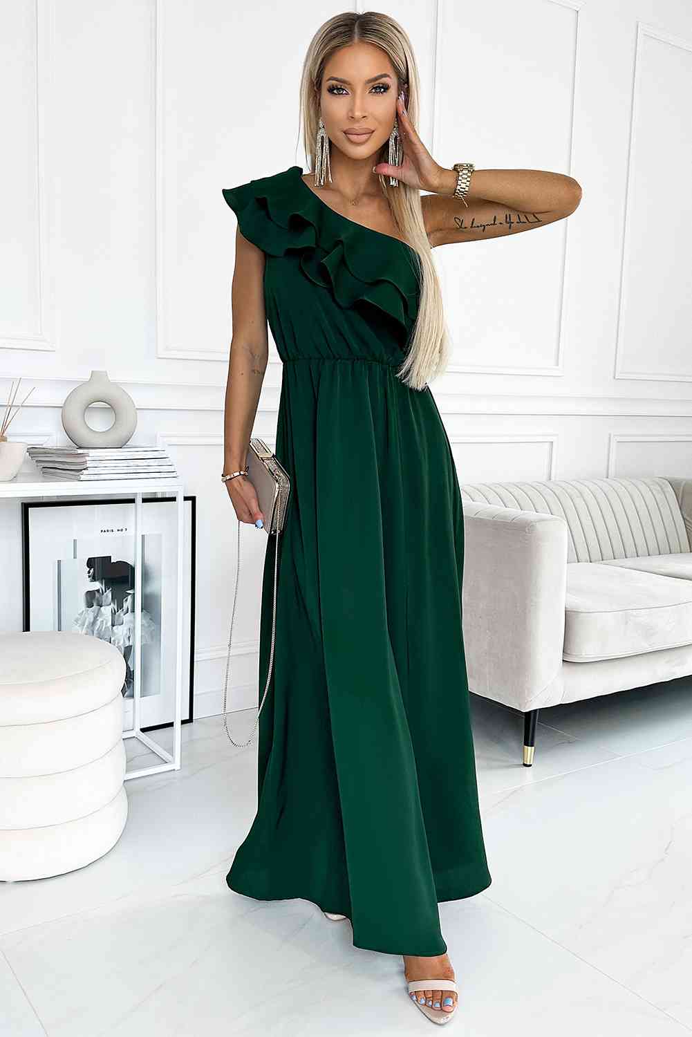 One-Shoulder Ruffled Maxi Dress-TOPS / DRESSES-[Adult]-[Female]-Green-S-2022 Online Blue Zone Planet