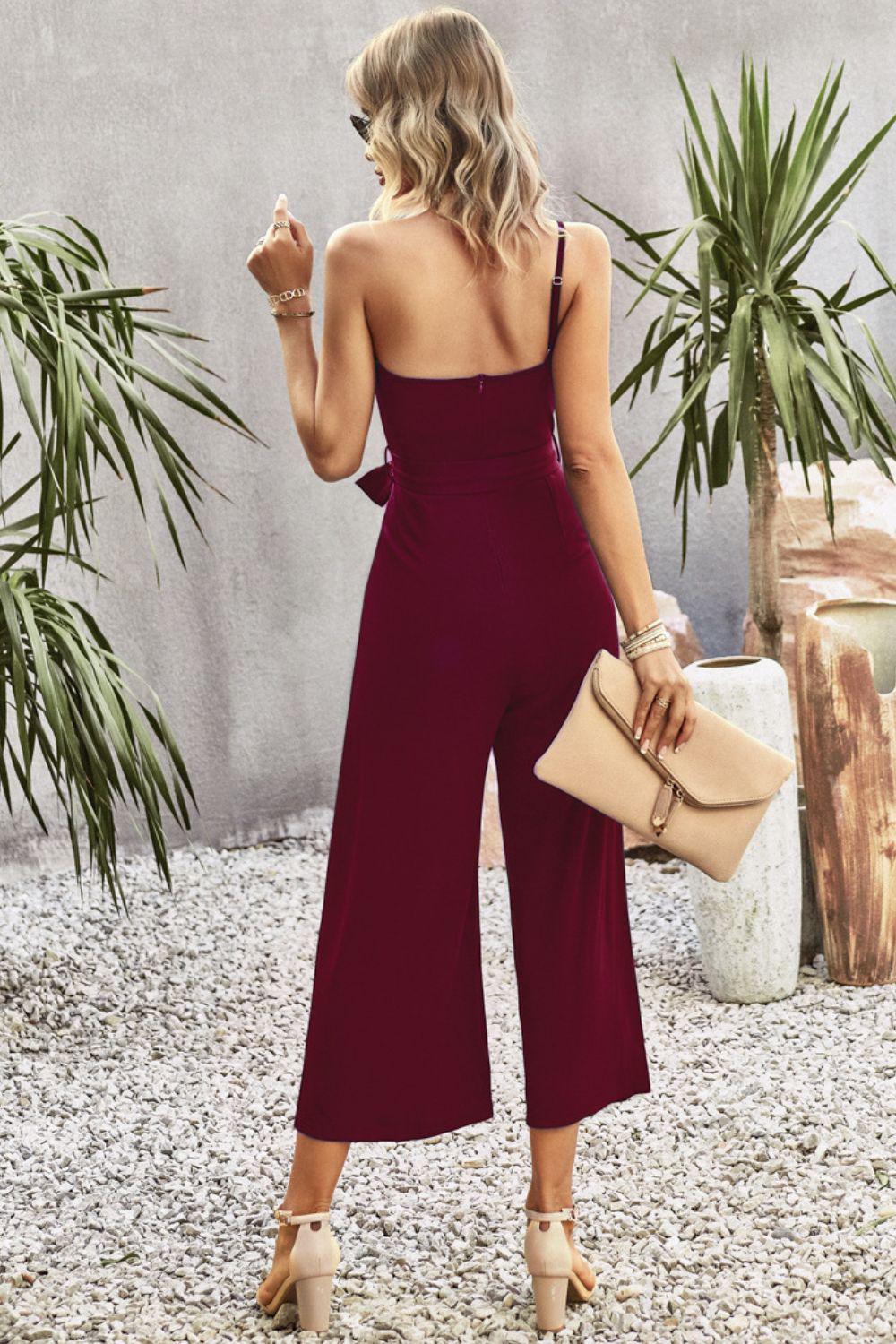 One-Shoulder Tie Belt Wide Leg Jumpsuit BLUE ZONE PLANET