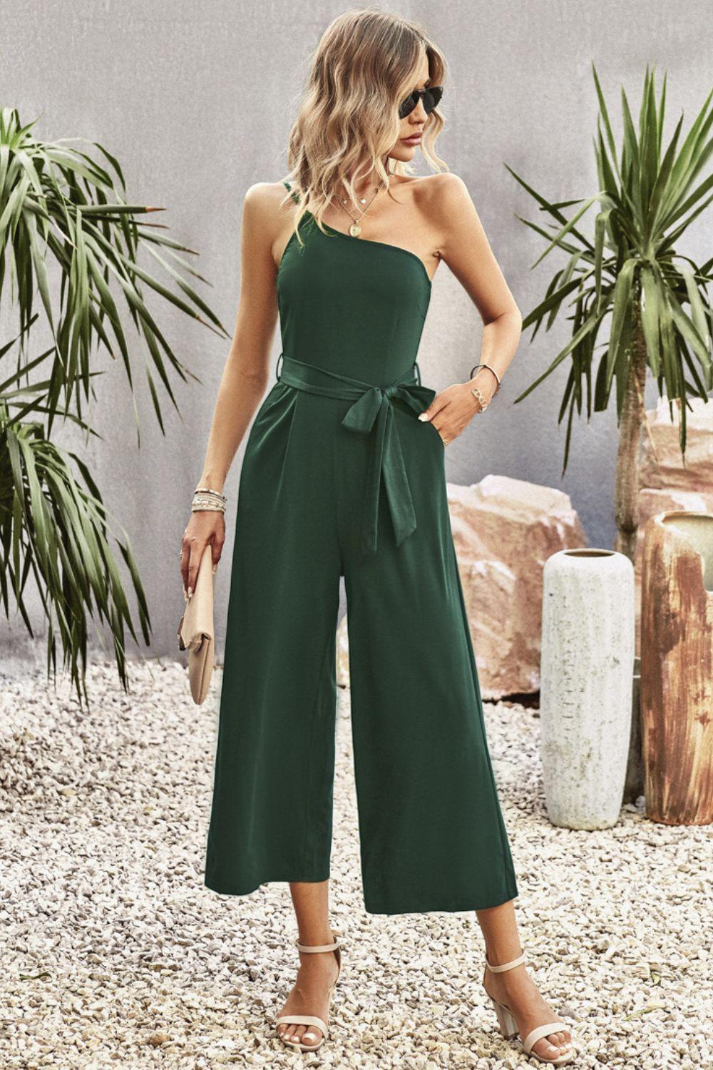 One-Shoulder Tie Belt Wide Leg Jumpsuit BLUE ZONE PLANET