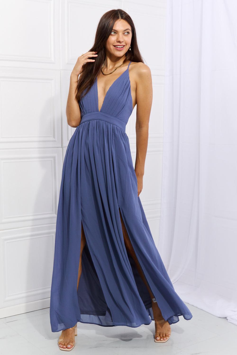 Ontheland Captivating Muse Open Crossback Maxi Dress BLUE ZONE PLANET