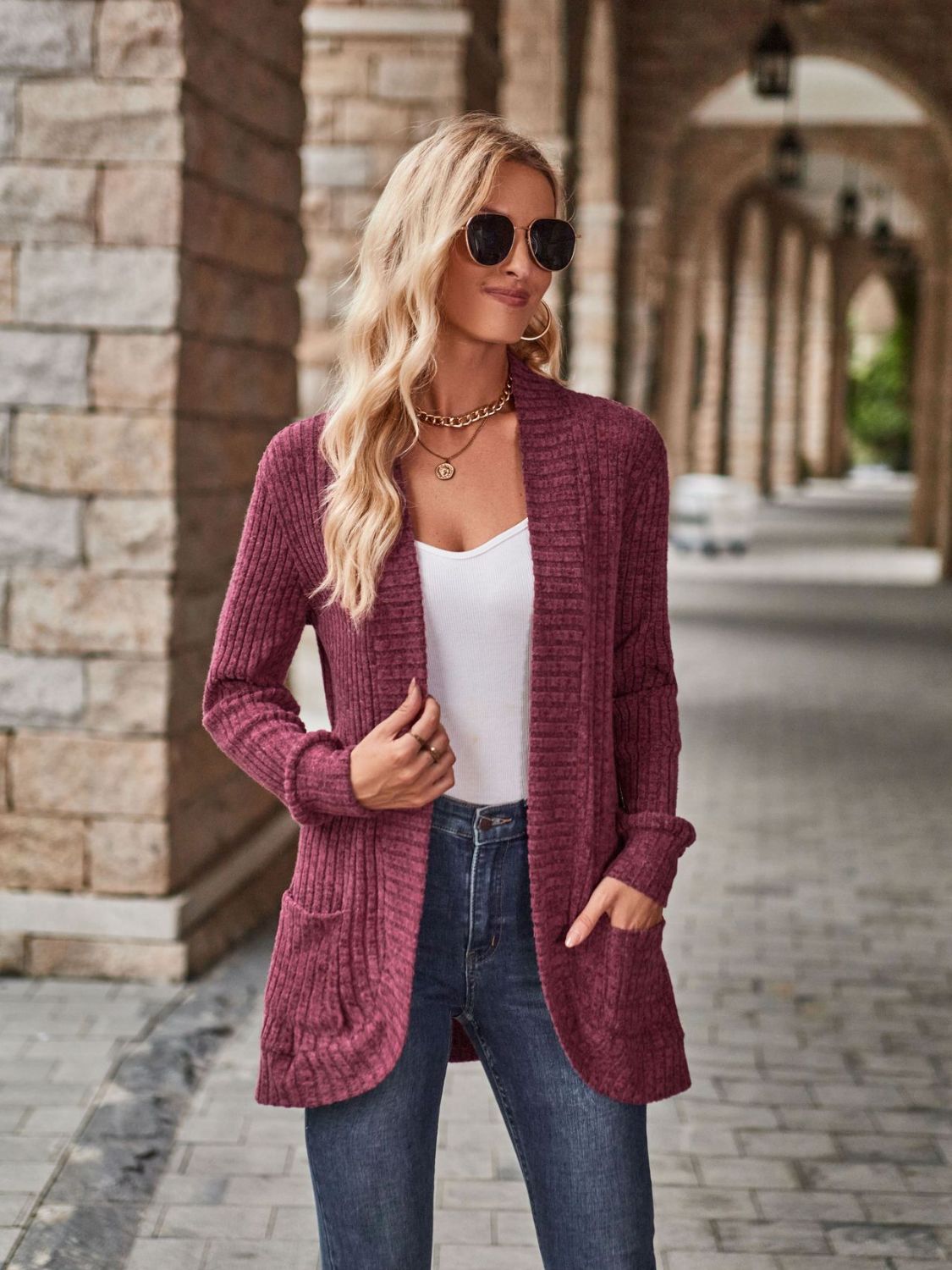 Open Front Cardigan with Pockets BLUE ZONE PLANET