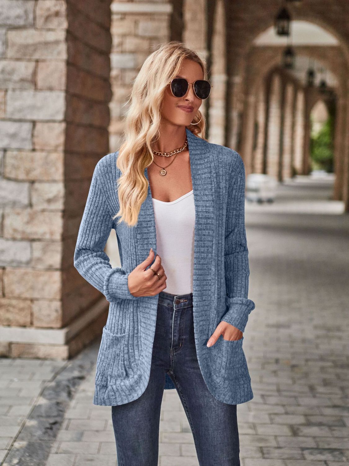 Open Front Cardigan with Pockets BLUE ZONE PLANET