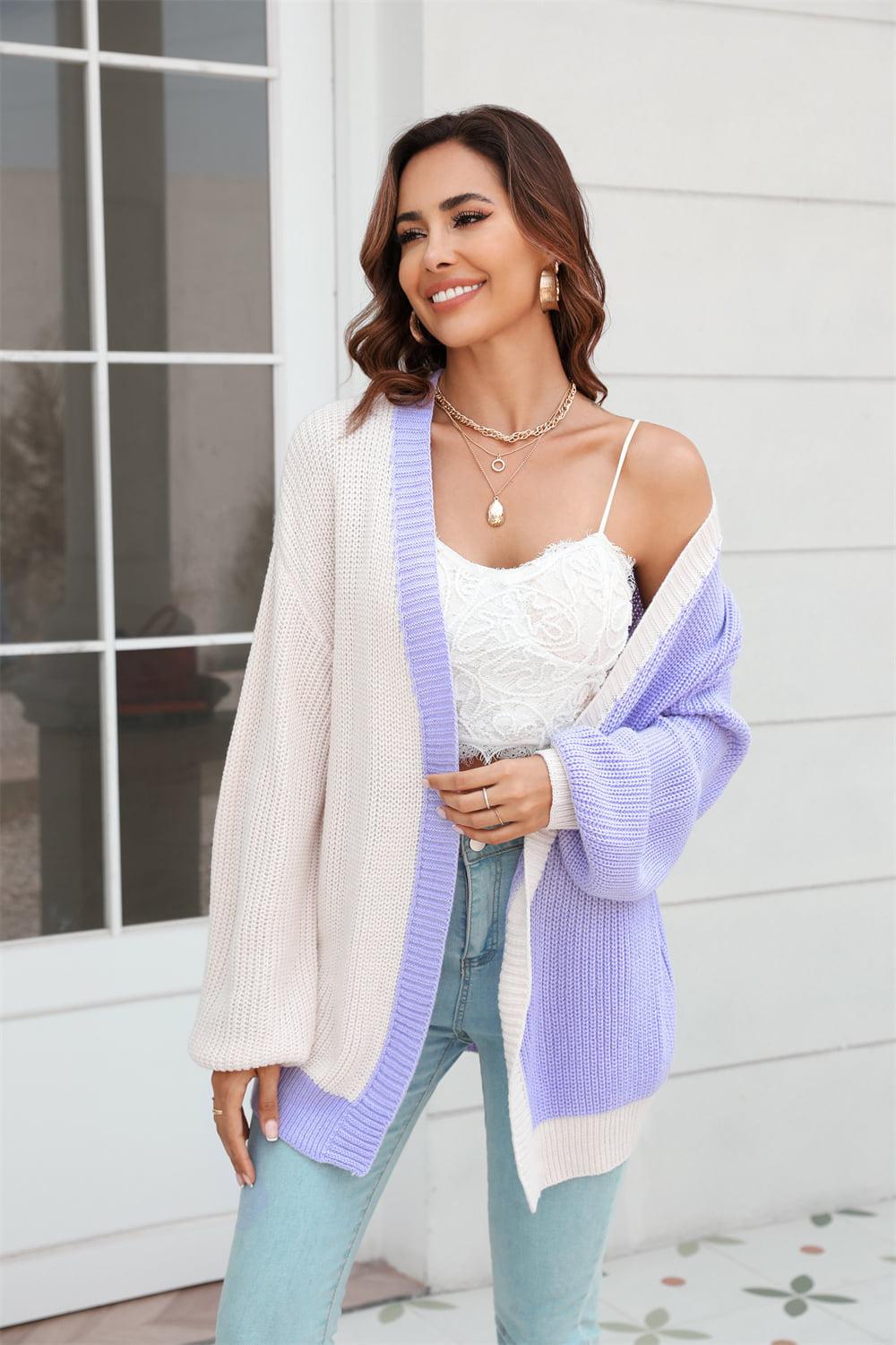 Open Front Contrast Color Balloon Sleeve Cardigan BLUE ZONE PLANET