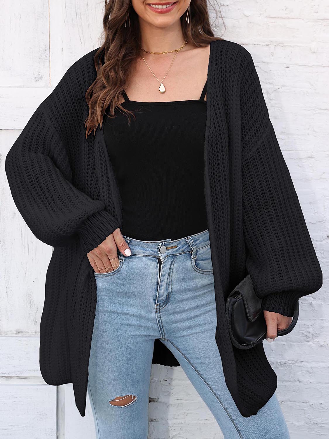 Open Front Dropped Shoulder Longline Cardigan BLUE ZONE PLANET