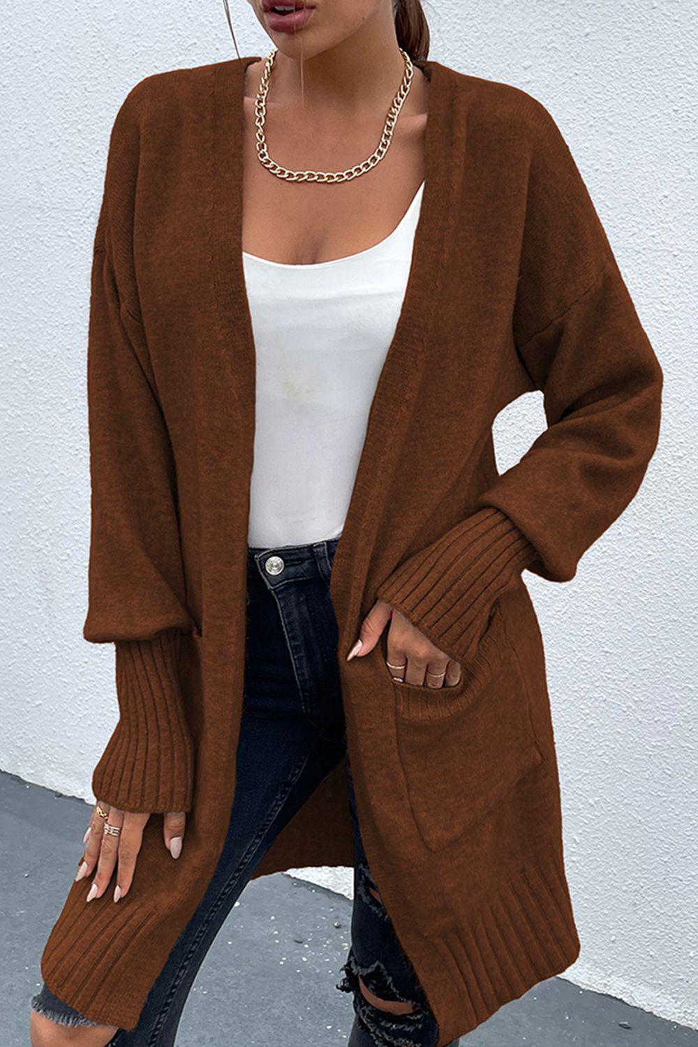 Open Front Dropped Shoulder Pocketed Cardigan-TOPS / DRESSES-[Adult]-[Female]-Chestnut-S-2022 Online Blue Zone Planet