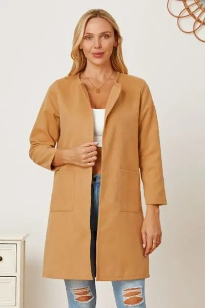 Open Front Pocketed Long Sleeve Coat Trendsi