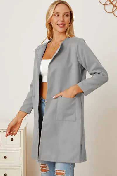 Open Front Pocketed Long Sleeve Coat Trendsi