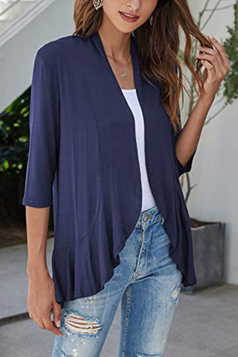 Open Front Ruffle Trim Cardigan BLUE ZONE PLANET