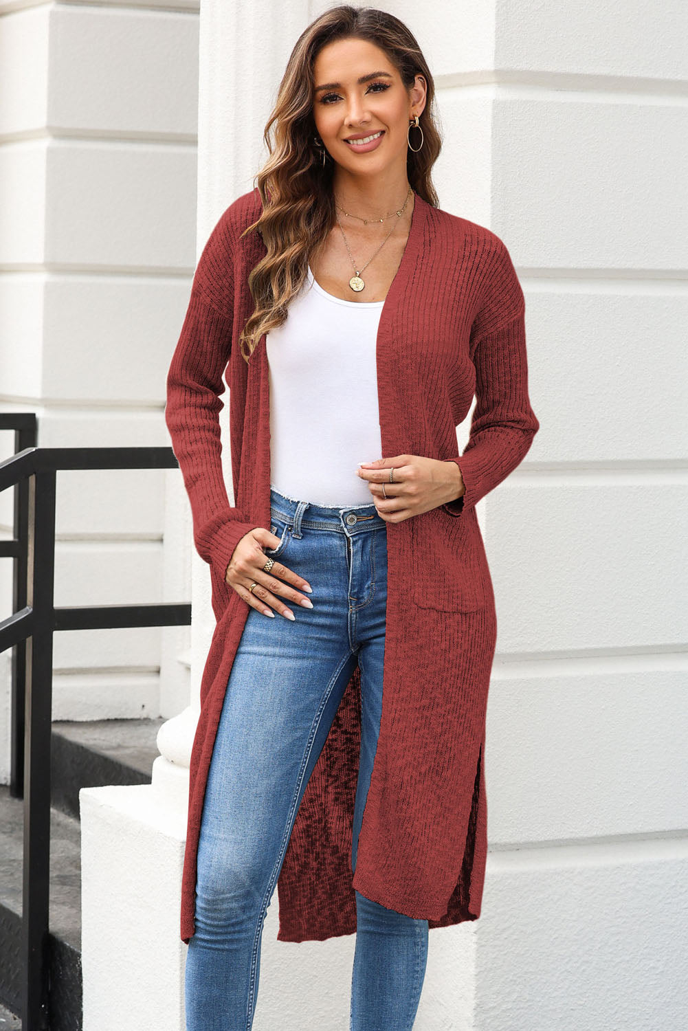 Open Front Slit Cardigan with Pockets BLUE ZONE PLANET