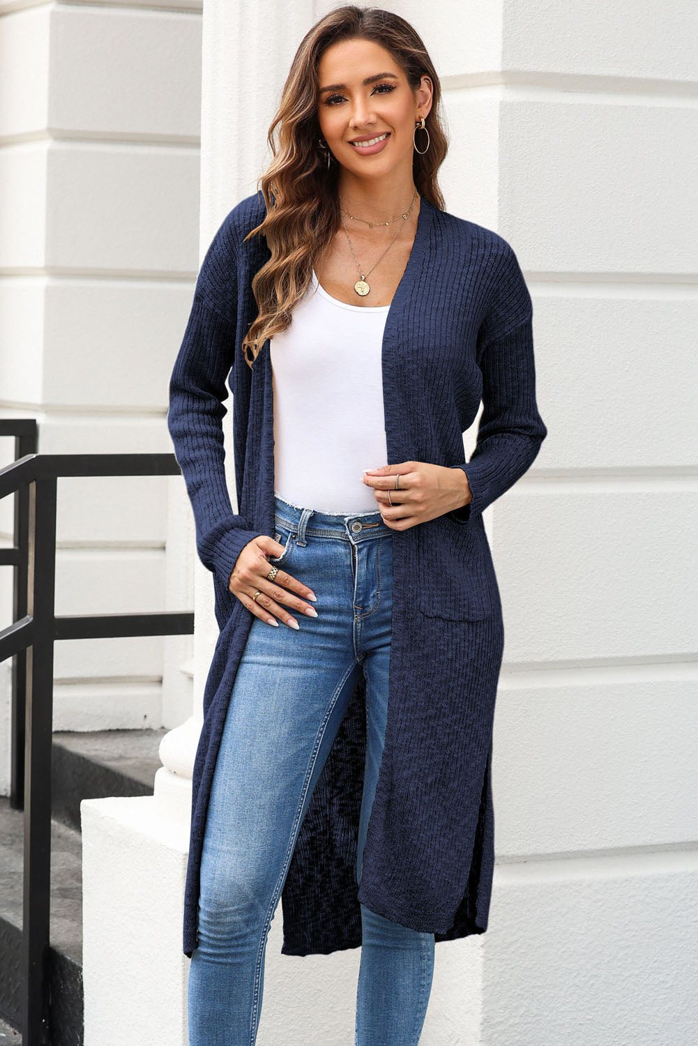 Open Front Slit Cardigan with Pockets BLUE ZONE PLANET