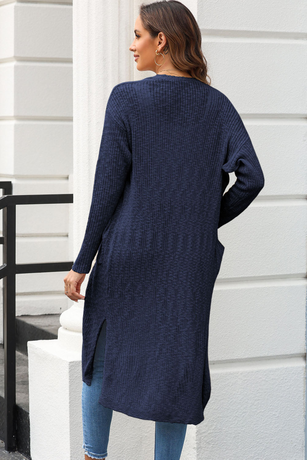 Open Front Slit Cardigan with Pockets BLUE ZONE PLANET