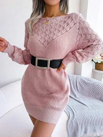 Openwork Boat Neck Sweater Dress Trendsi