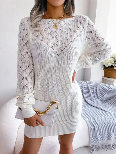 Openwork Boat Neck Sweater Dress Trendsi