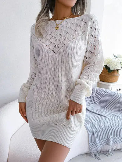 Openwork Boat Neck Sweater Dress Trendsi