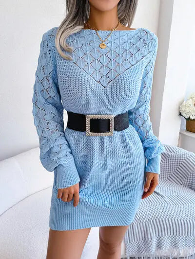 Openwork Boat Neck Sweater Dress Trendsi