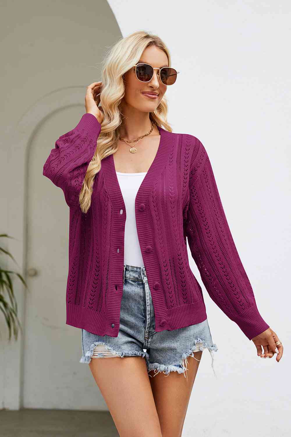 Openwork Button Front V-Neck Cardigan BLUE ZONE PLANET