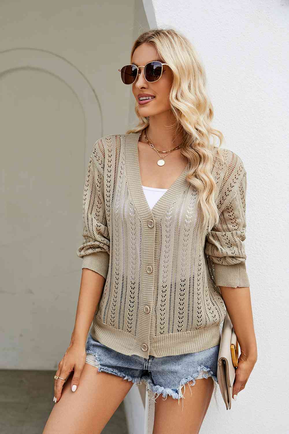 Openwork Button Front V-Neck Cardigan BLUE ZONE PLANET