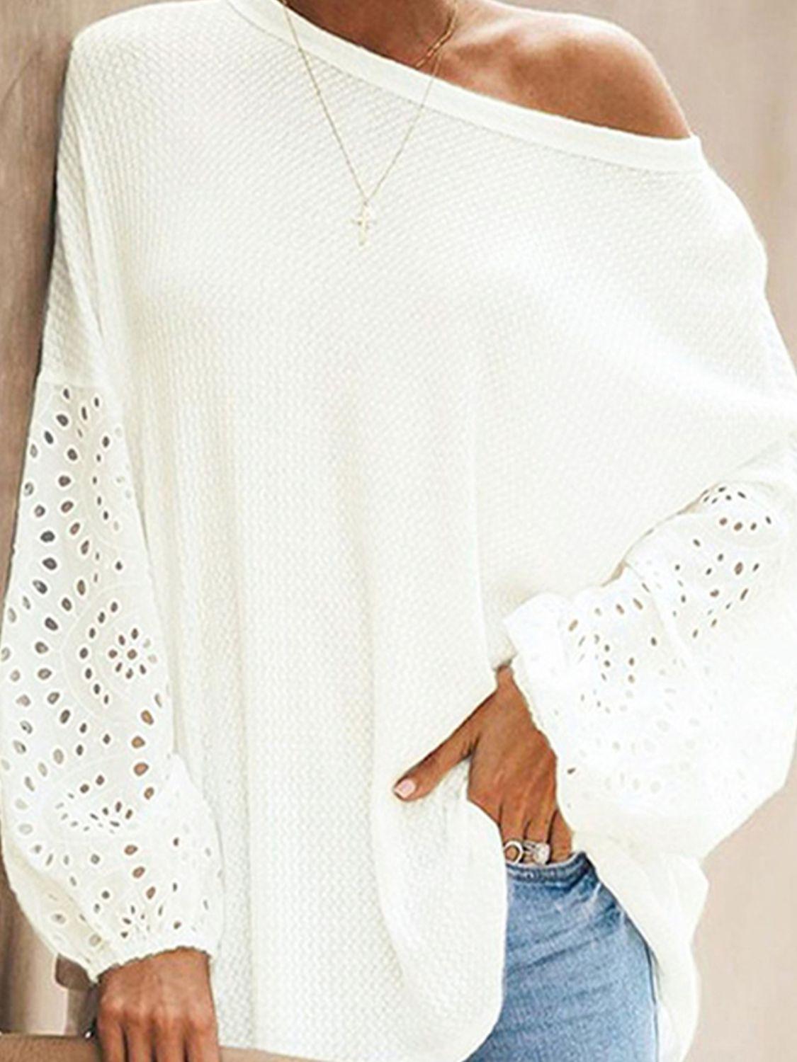 Openwork Dropped Shoulder Boat Neck Blouse BLUE ZONE PLANET