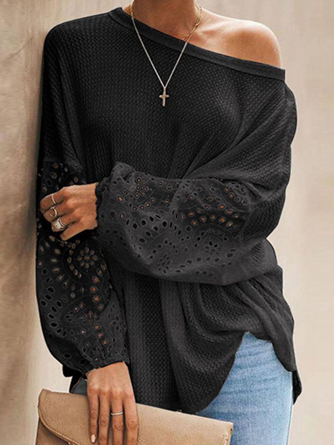 Openwork Dropped Shoulder Boat Neck Blouse BLUE ZONE PLANET