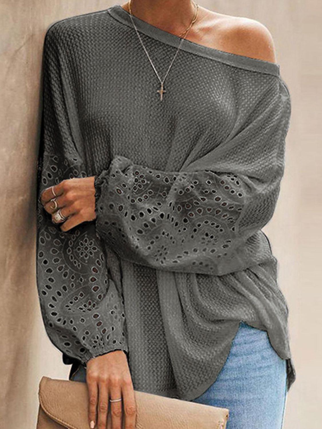 Openwork Dropped Shoulder Boat Neck Blouse BLUE ZONE PLANET