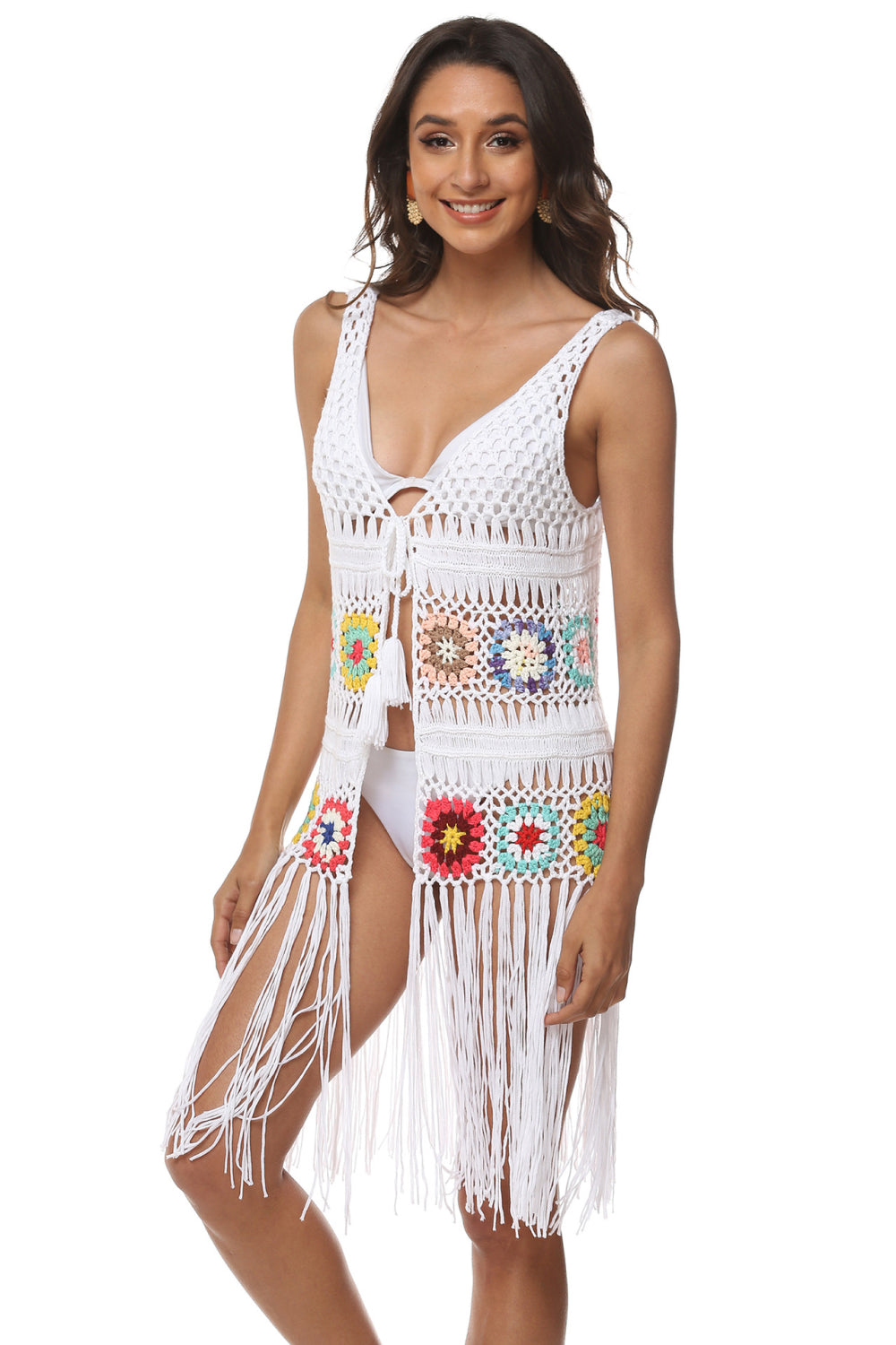 Openwork Fringe Detail Embroidery Sleeveless Cover-Up BLUE ZONE PLANET