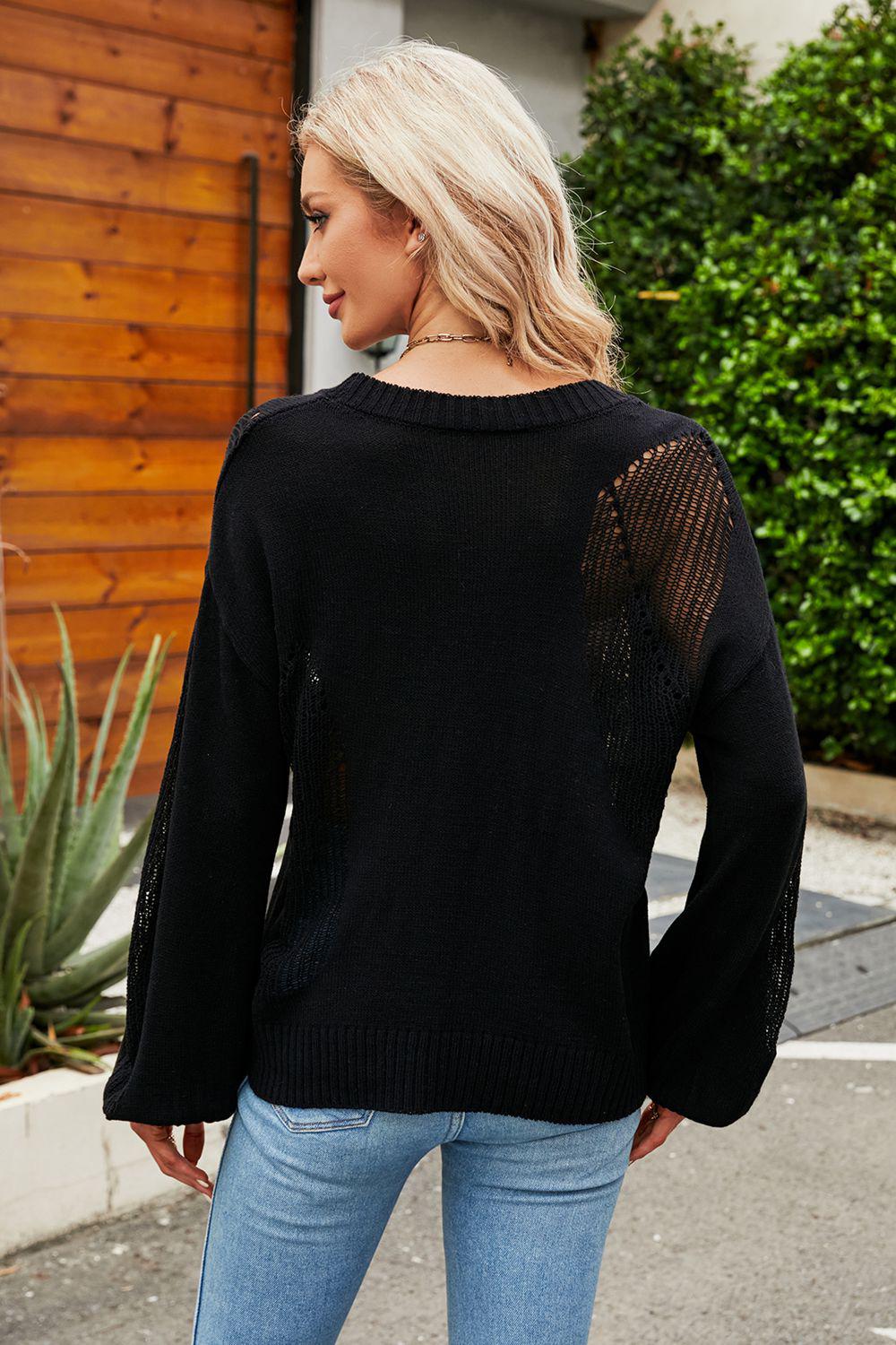 Openwork Round Neck Dropped Shoulder Knit Top BLUE ZONE PLANET