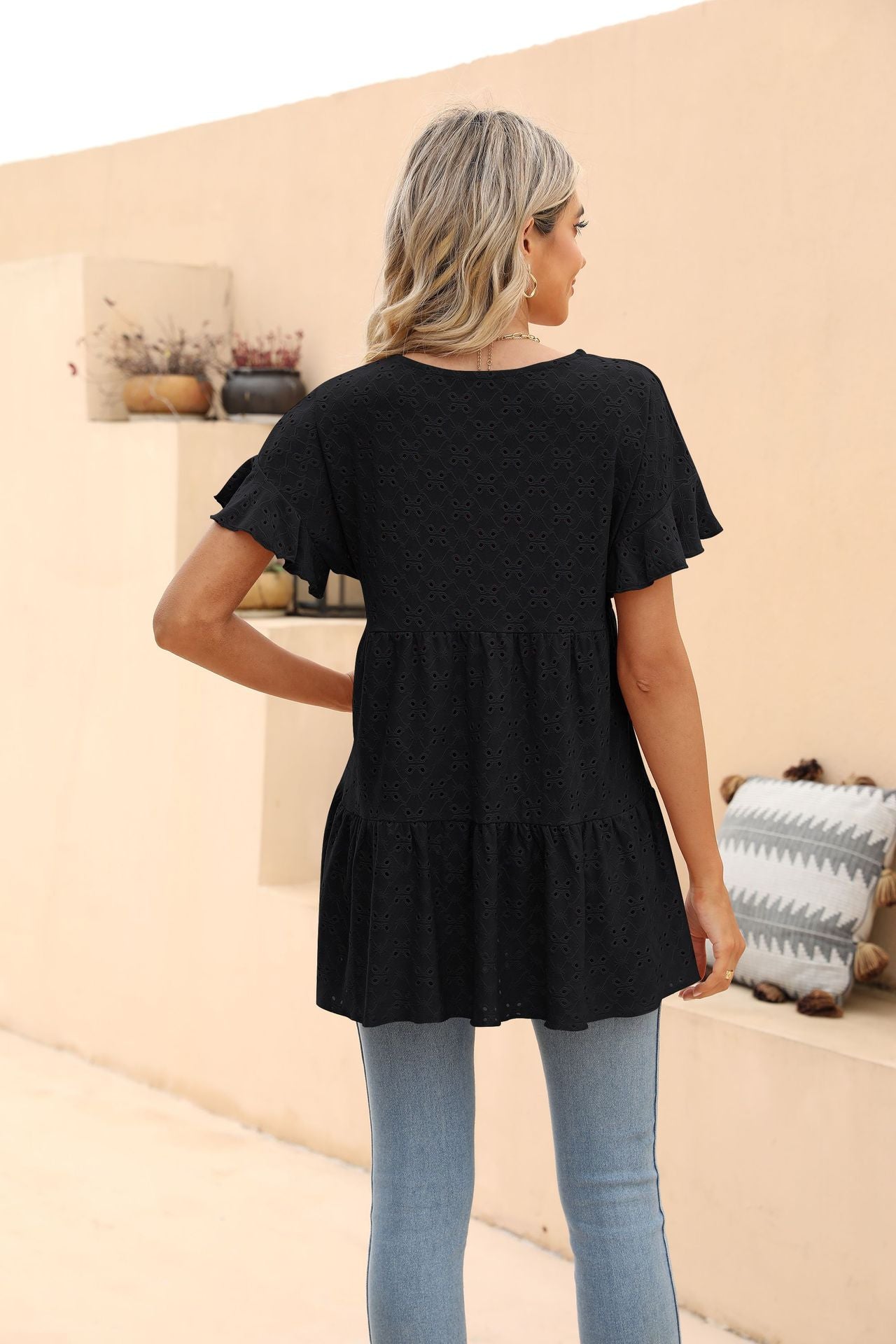 Openwork Round Neck Flounce Sleeve Blouse BLUE ZONE PLANET