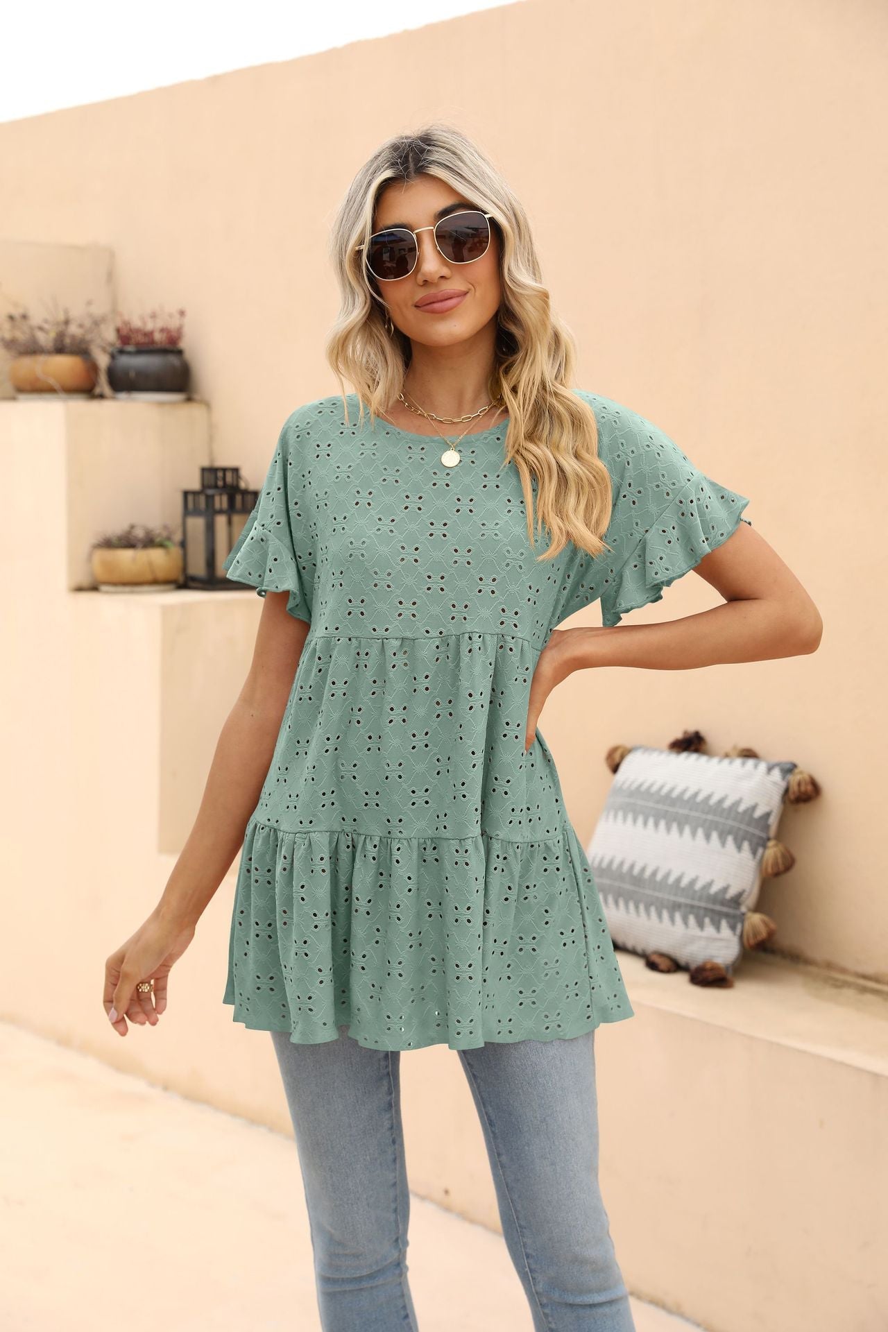 Openwork Round Neck Flounce Sleeve Blouse BLUE ZONE PLANET