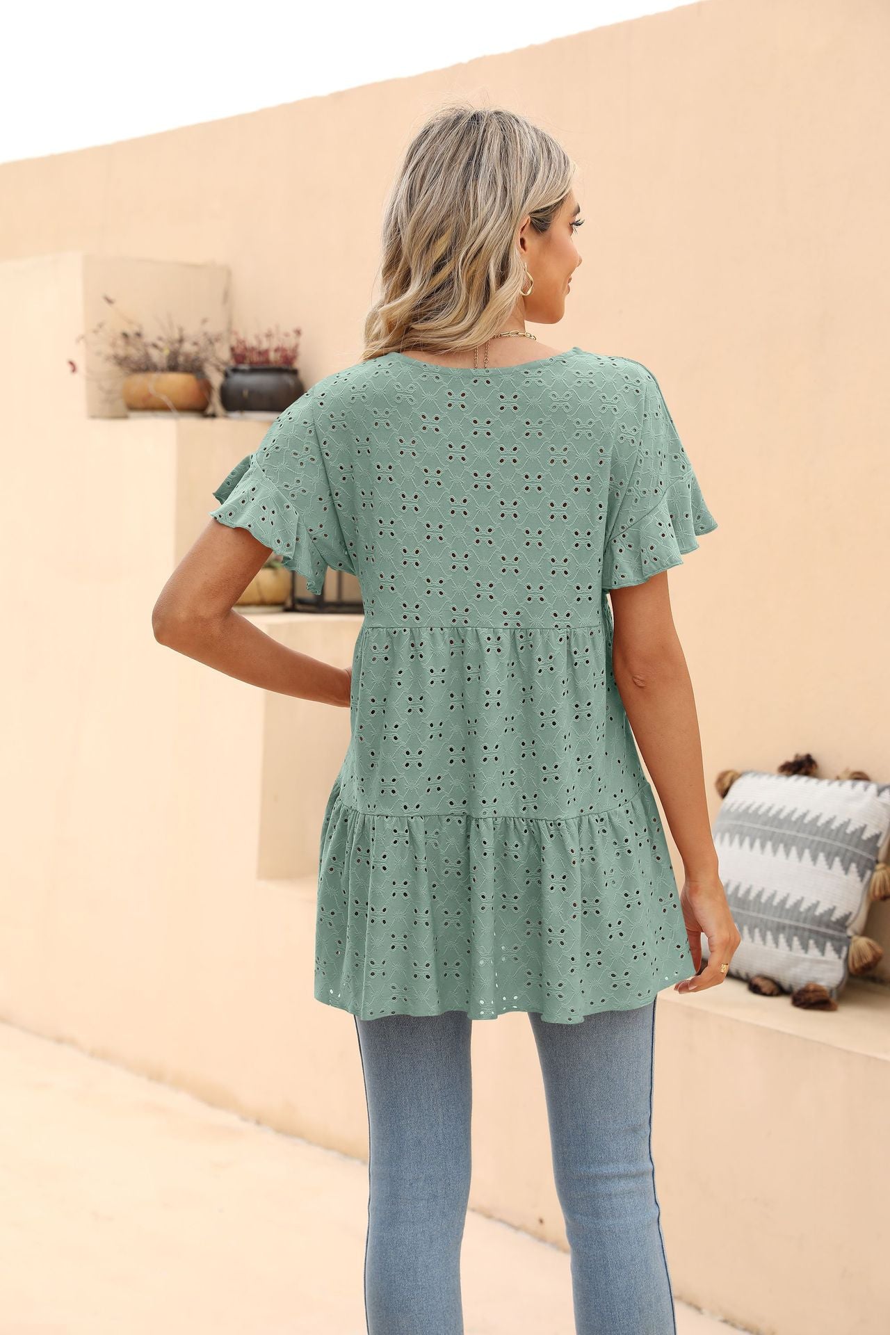 Openwork Round Neck Flounce Sleeve Blouse BLUE ZONE PLANET