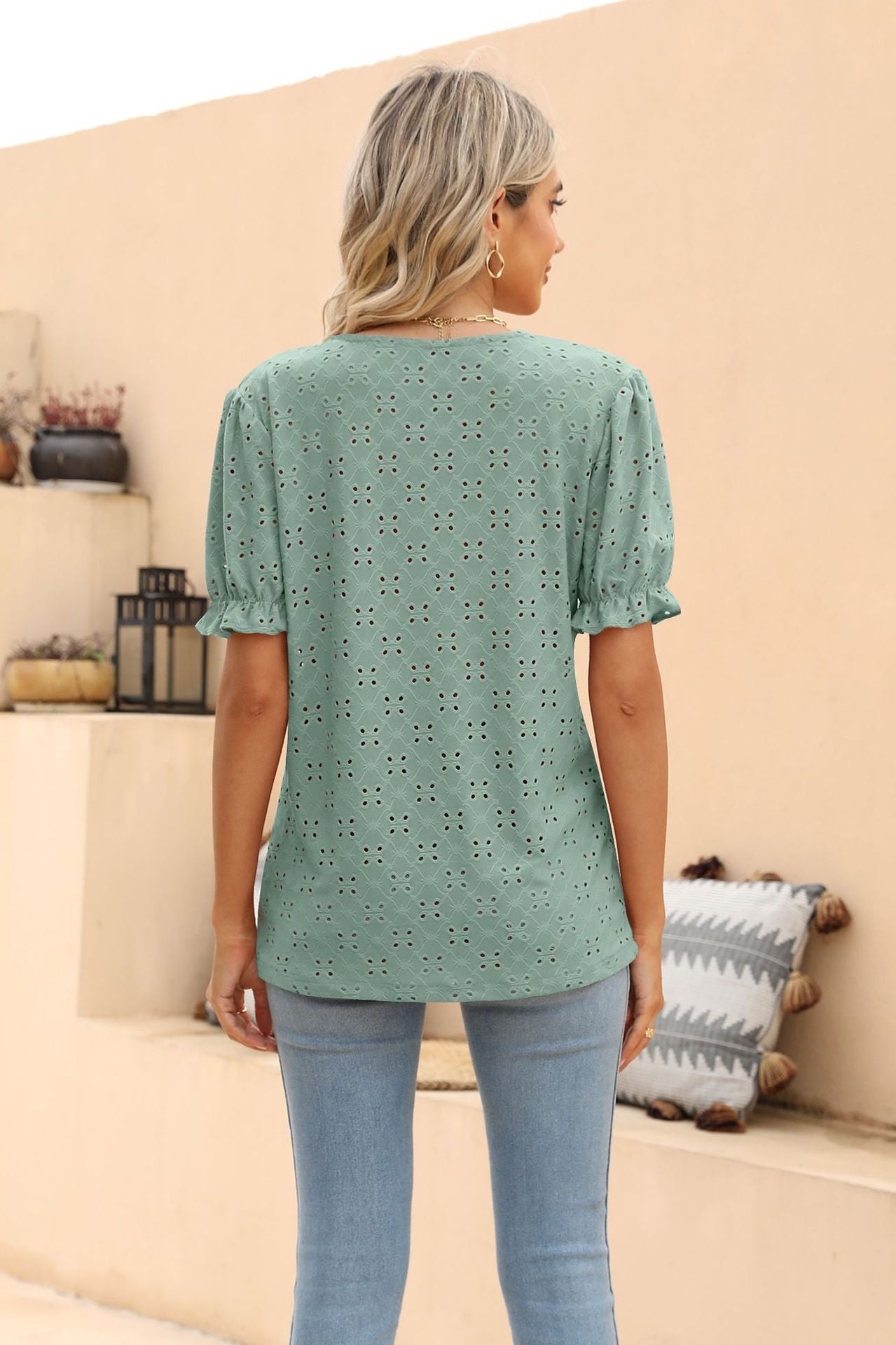 Openwork Round Neck Flounce Sleeve T-Shirt BLUE ZONE PLANET