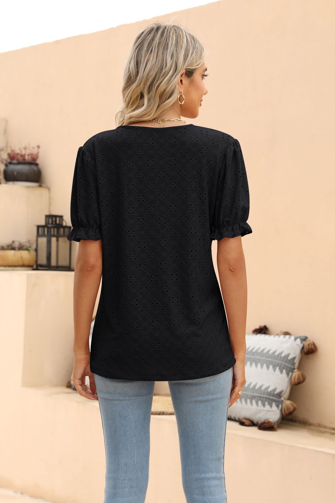 Openwork Round Neck Flounce Sleeve T-Shirt BLUE ZONE PLANET