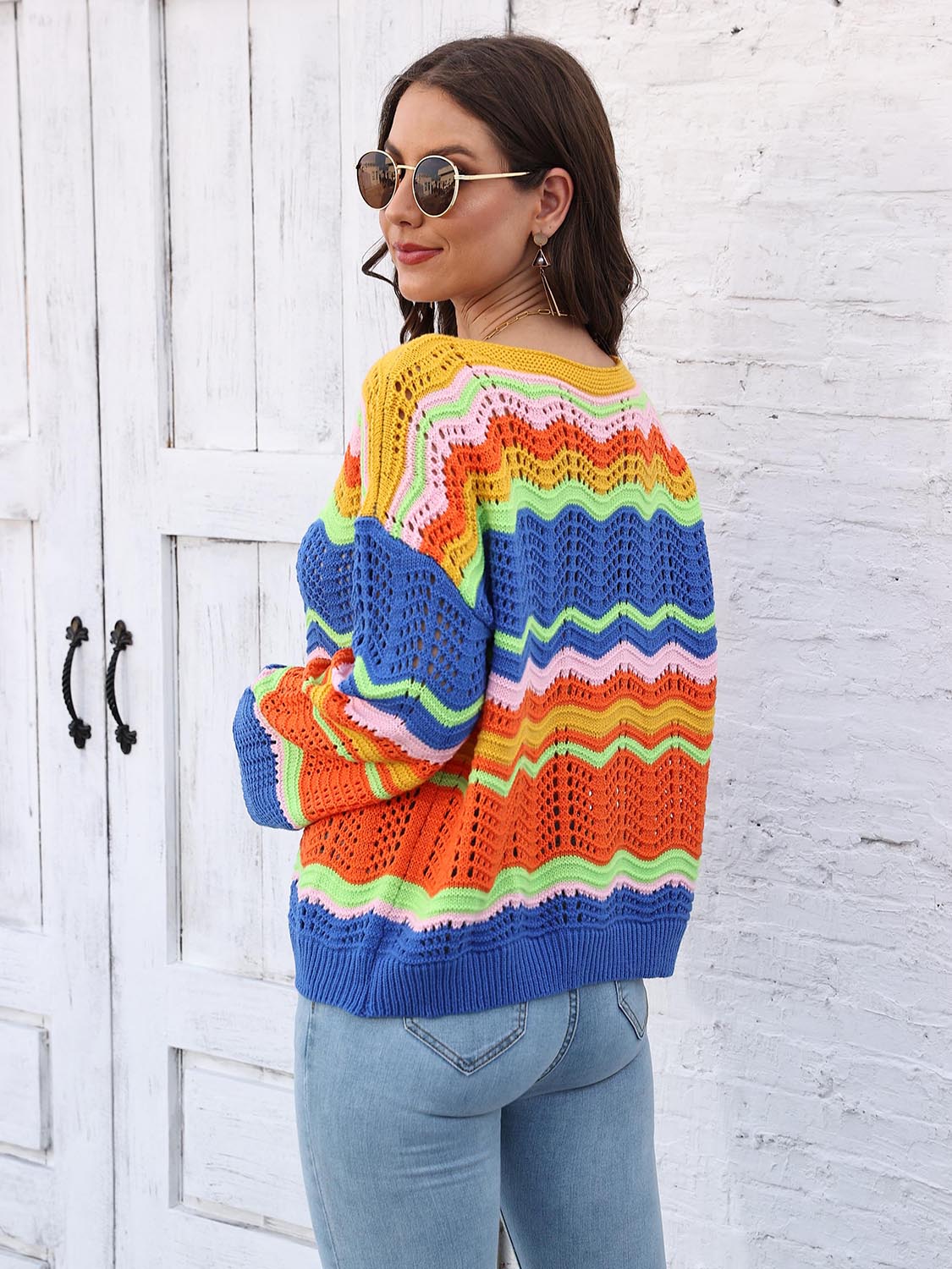 Openwork Round Neck Knit Top BLUE ZONE PLANET