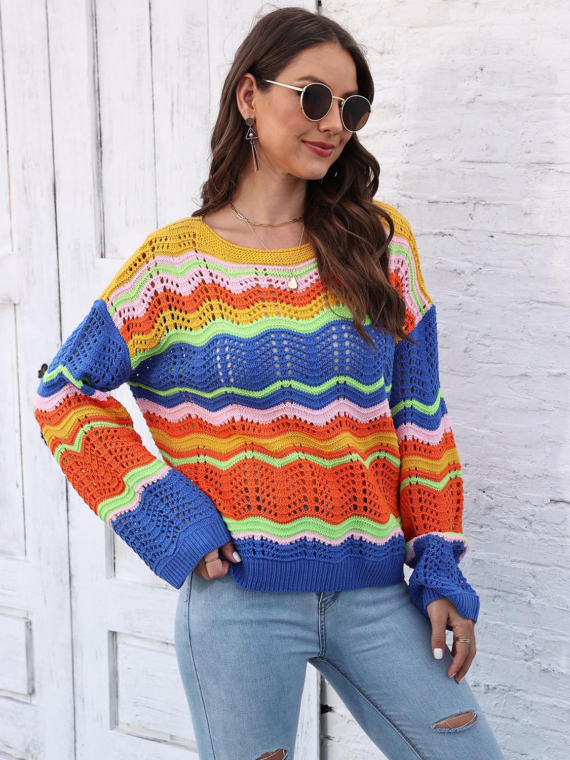 Openwork Round Neck Knit Top BLUE ZONE PLANET