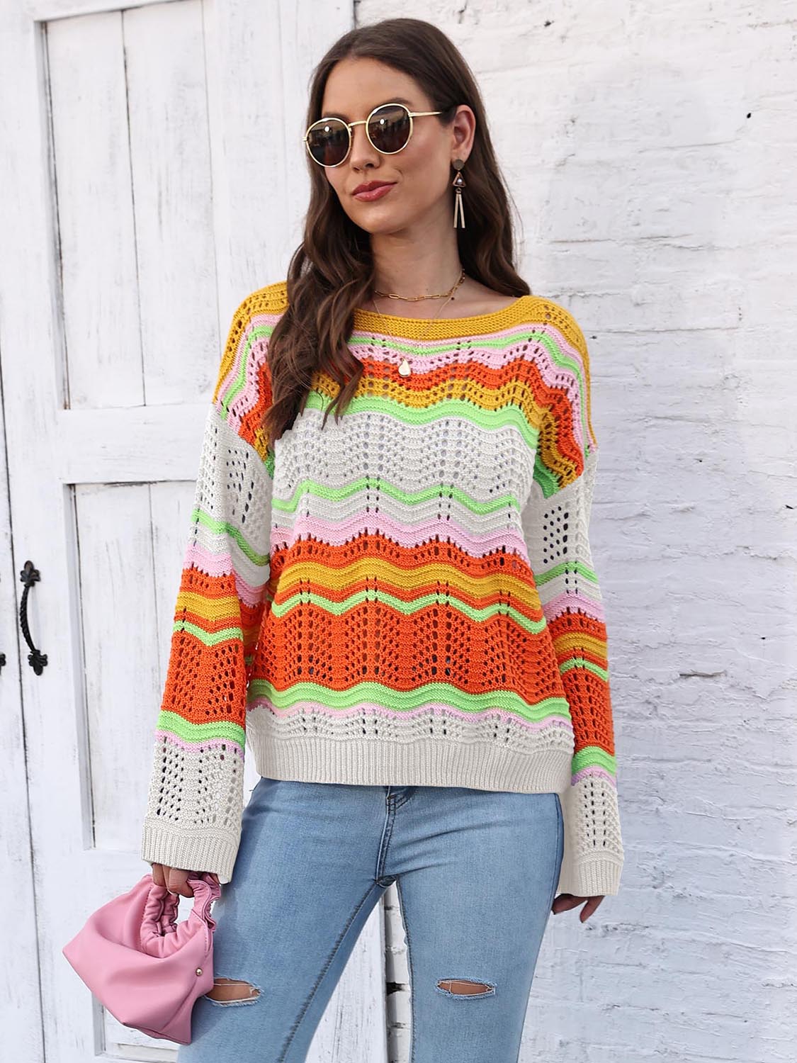 Openwork Round Neck Knit Top BLUE ZONE PLANET