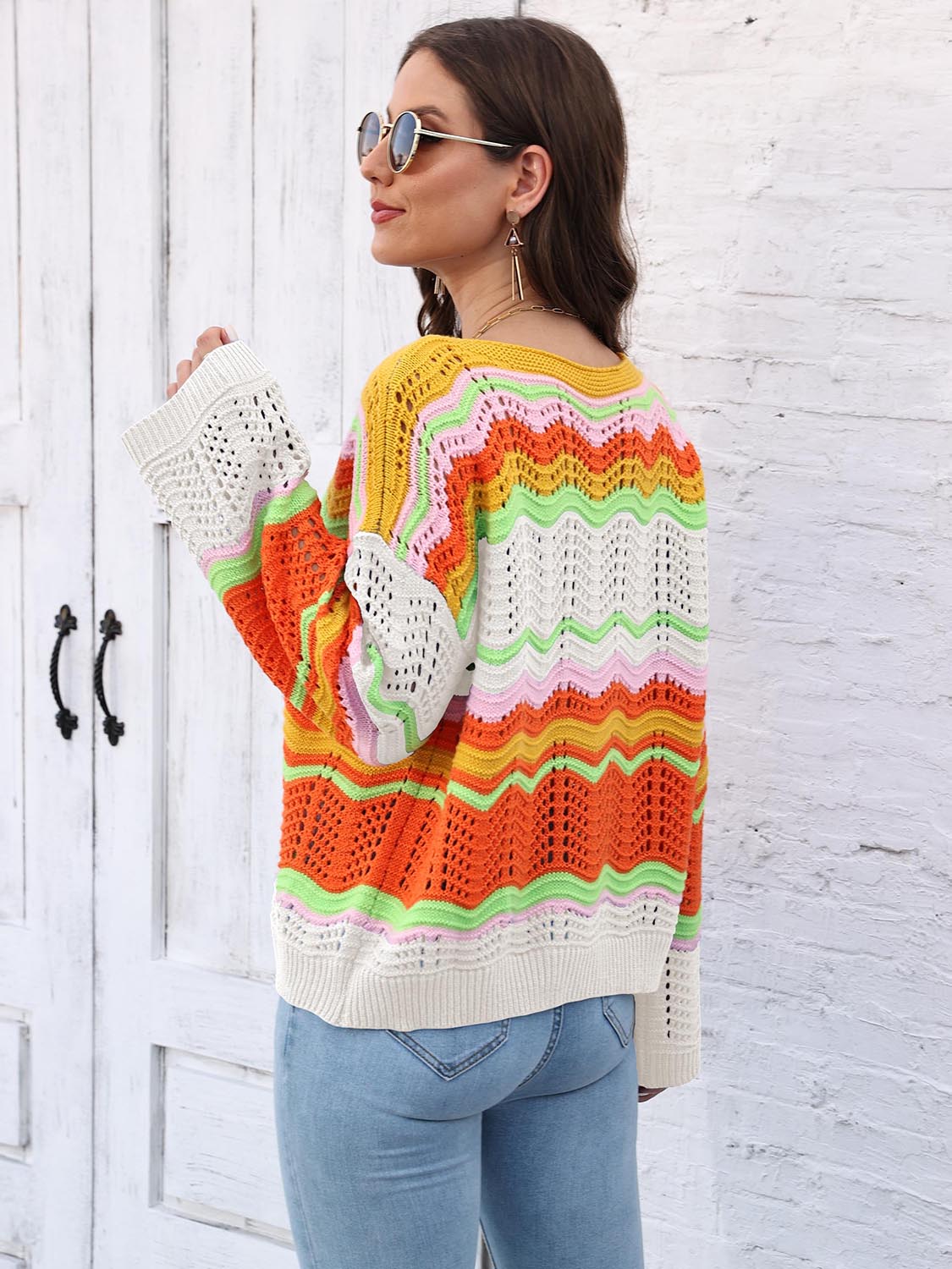 Openwork Round Neck Knit Top BLUE ZONE PLANET