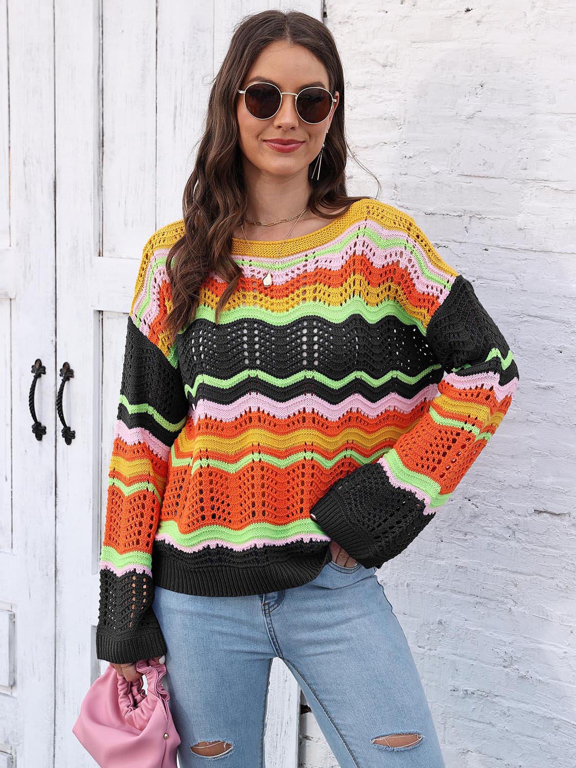 Openwork Round Neck Knit Top BLUE ZONE PLANET